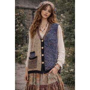 VTG 90s Womens Color Block Maximalist Boho Chunky Knit Artsy Sweater Vest Small‎